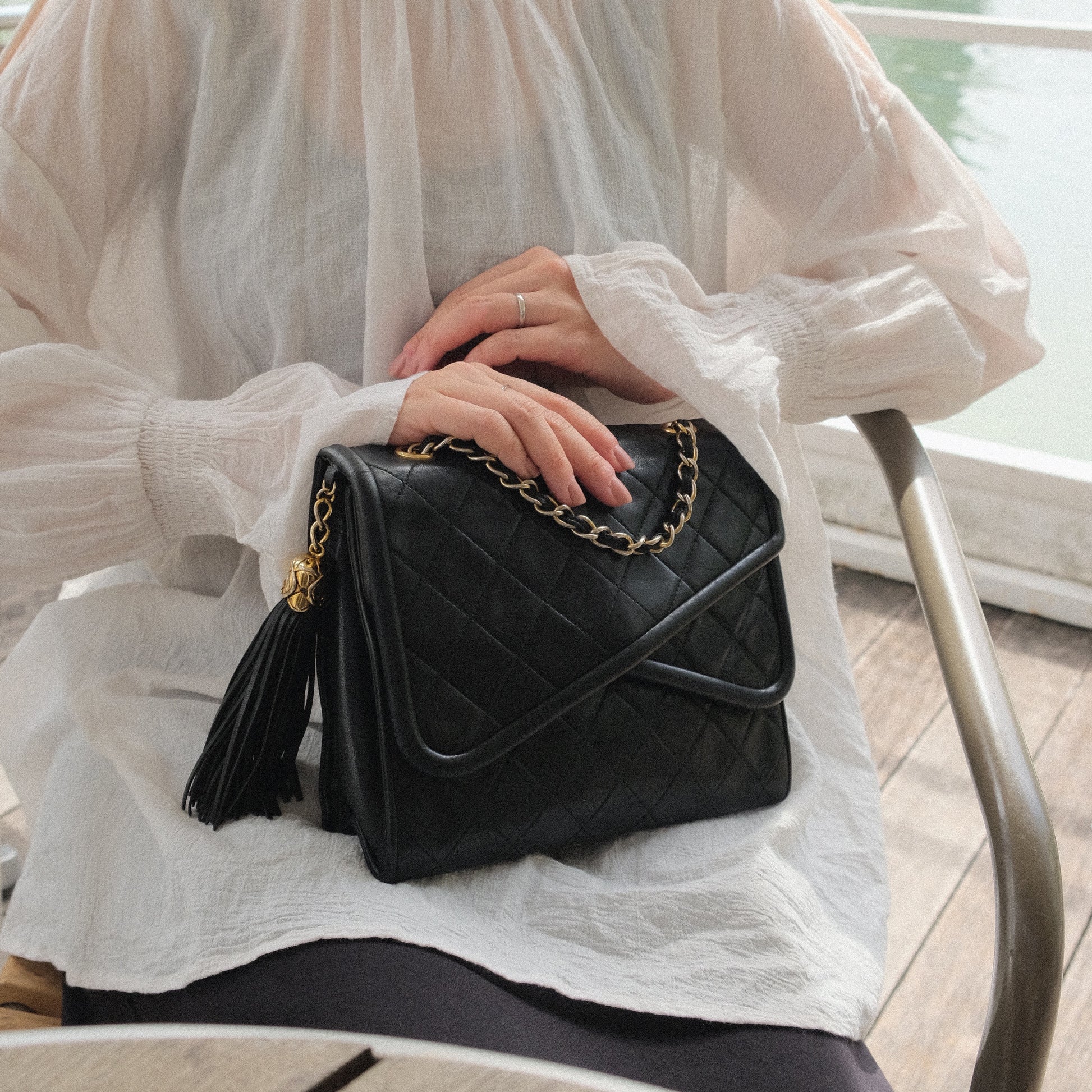 Chanel Vintage Black Lambskin Tassel Asymmetrical Double Flap Bag