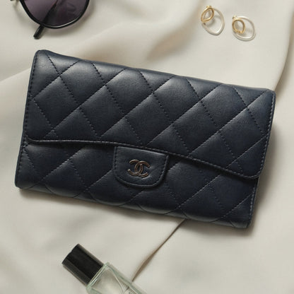 Chanel Vintage Matelasse Dark Navy Lambskin Flap Wallet WOC