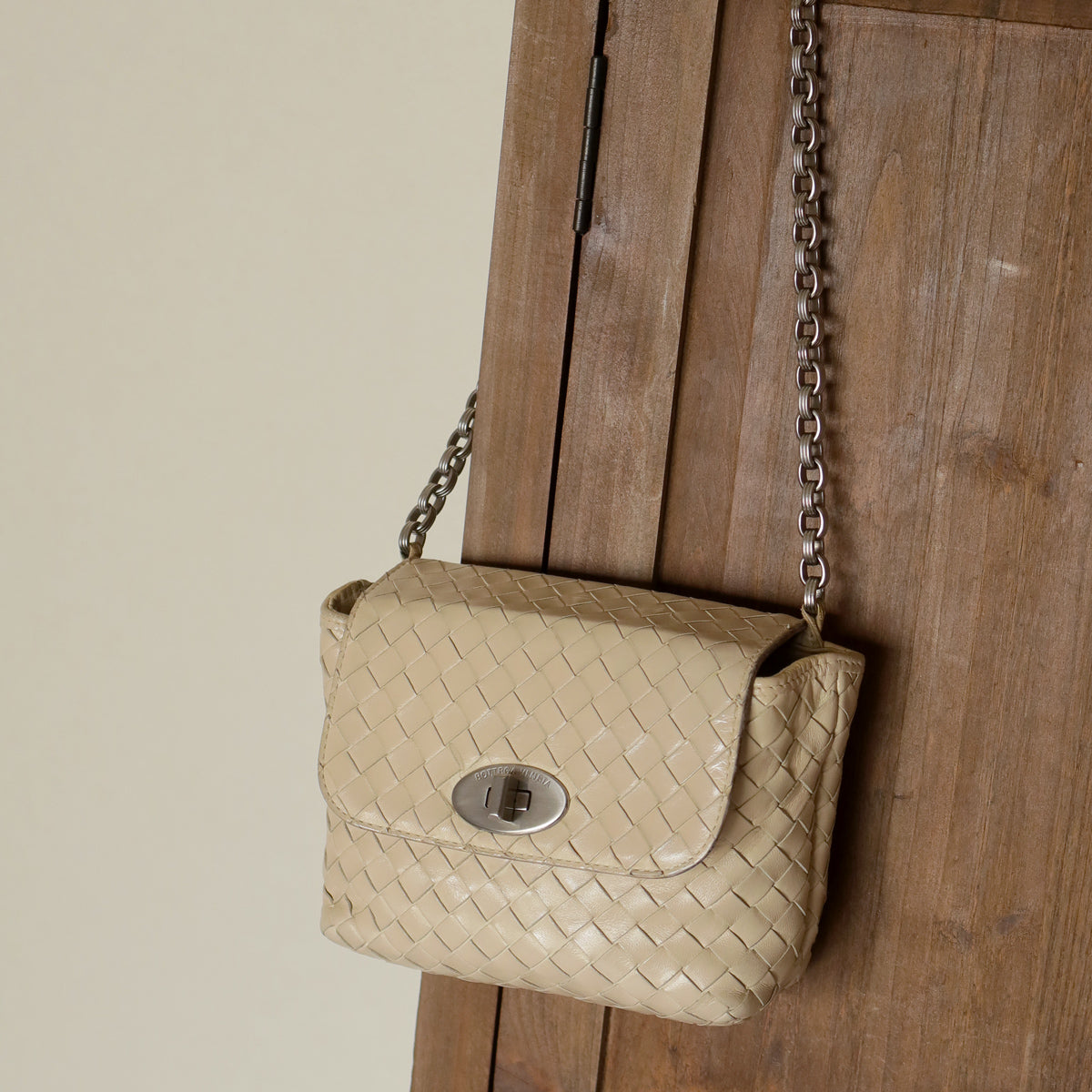 Bottega Veneta Vintage Ivory Intrecciato Weave Turnlock Mini Shoulder Bag