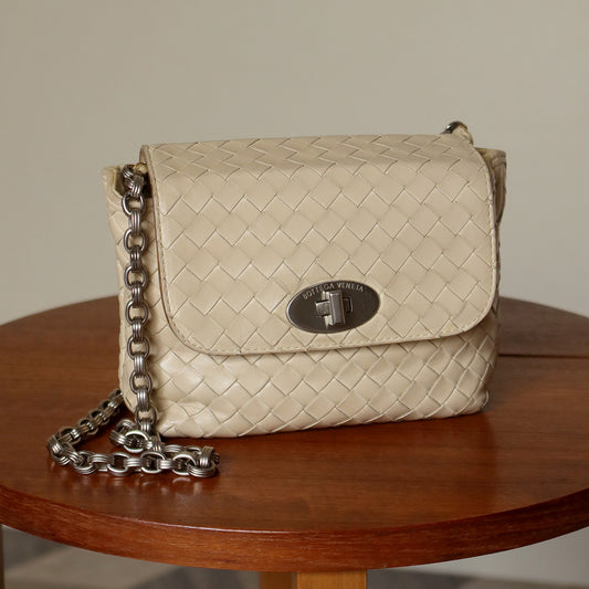 Bottega Veneta Vintage Ivory Intrecciato Weave Turnlock Mini Shoulder Bag