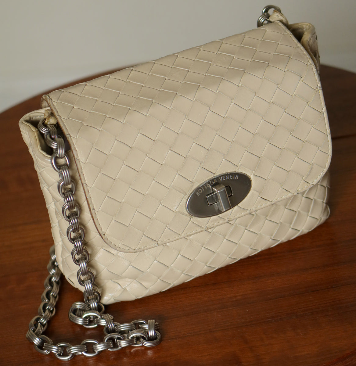 Bottega Veneta Vintage Ivory Intrecciato Weave Turnlock Mini Shoulder Bag