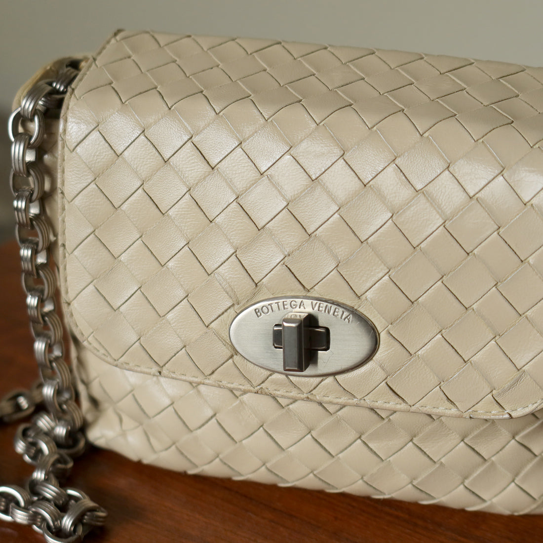 Bottega Veneta Vintage Ivory Intrecciato Weave Turnlock Mini Shoulder Bag