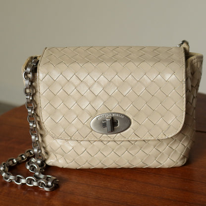 Bottega Veneta Vintage Ivory Intrecciato Weave Turnlock Mini Shoulder Bag