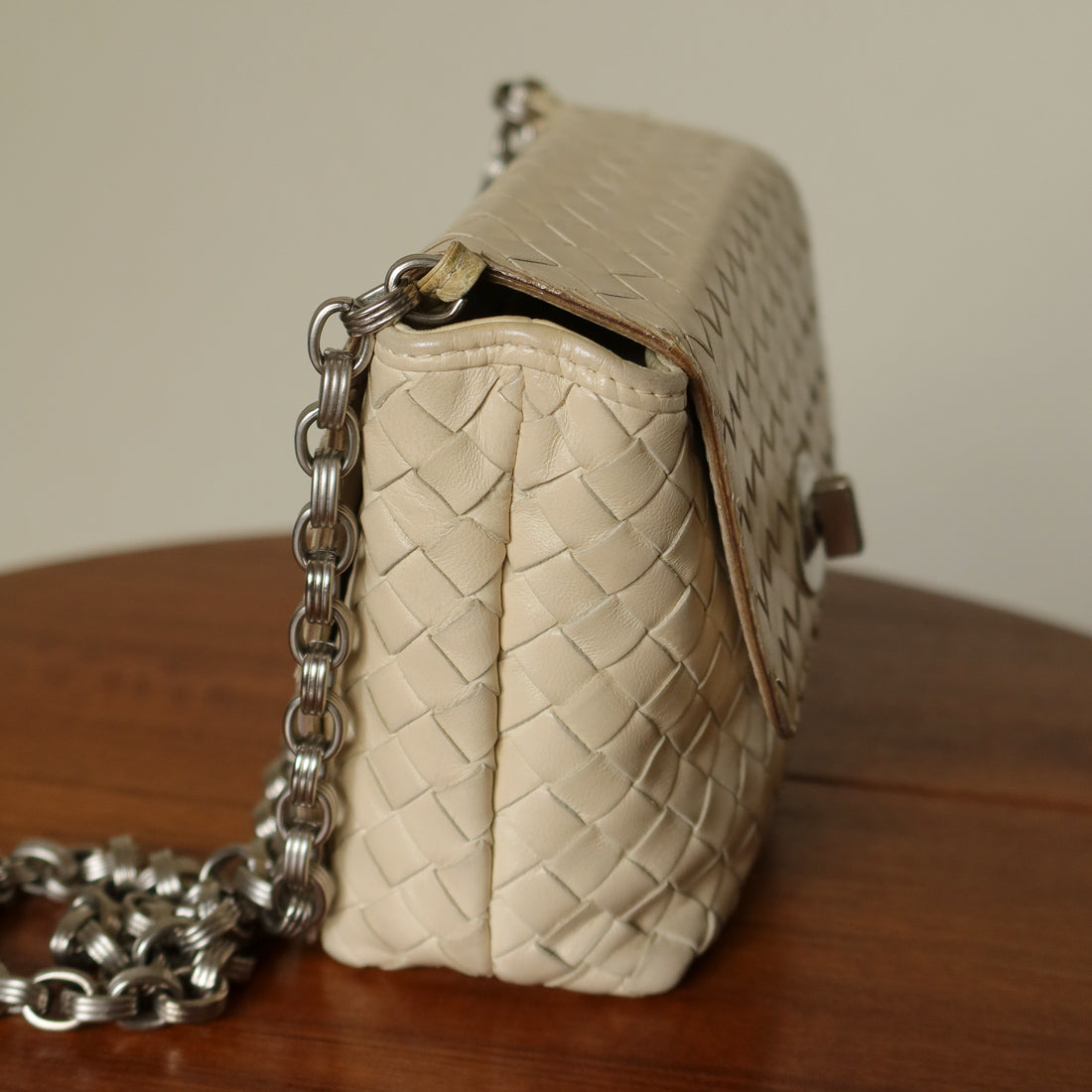 Bottega Veneta Vintage Ivory Intrecciato Weave Turnlock Mini Shoulder Bag