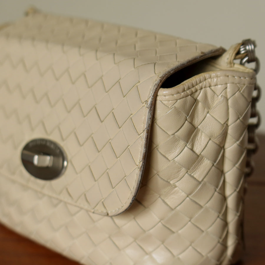 Bottega Veneta Vintage Ivory Intrecciato Weave Turnlock Mini Shoulder Bag