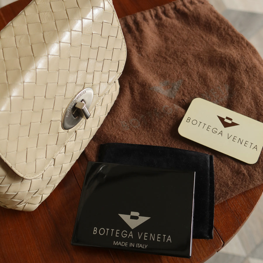 Bottega Veneta Vintage Ivory Intrecciato Weave Turnlock Mini Shoulder Bag