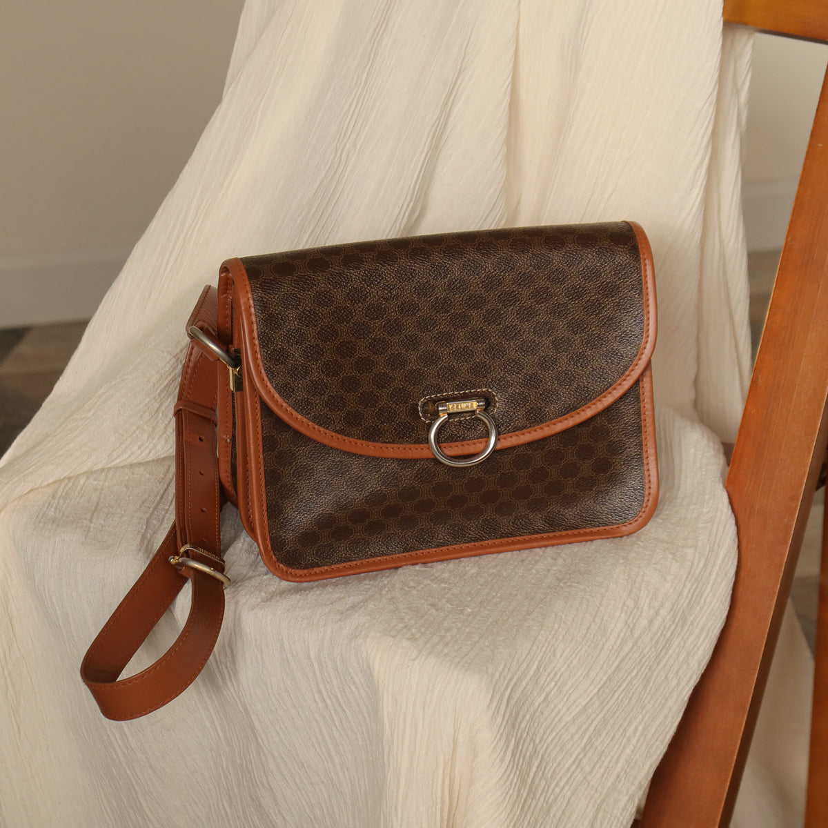 Celine Vintage Brown Macadam Triomphe Leather Crossbody Bag