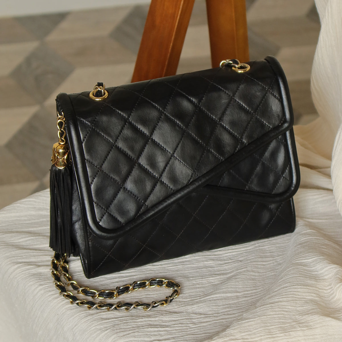 Chanel Vintage Black Lambskin Tassel Asymmetrical Double Flap Bag