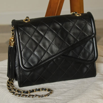 Chanel Vintage Black Lambskin Tassel Asymmetrical Double Flap Bag