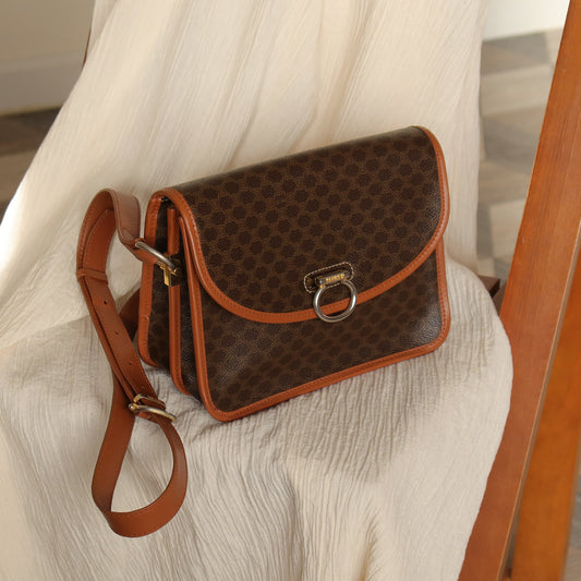 Vintage Celine Brown Macadam Triomphe Leather Crossbody Bag