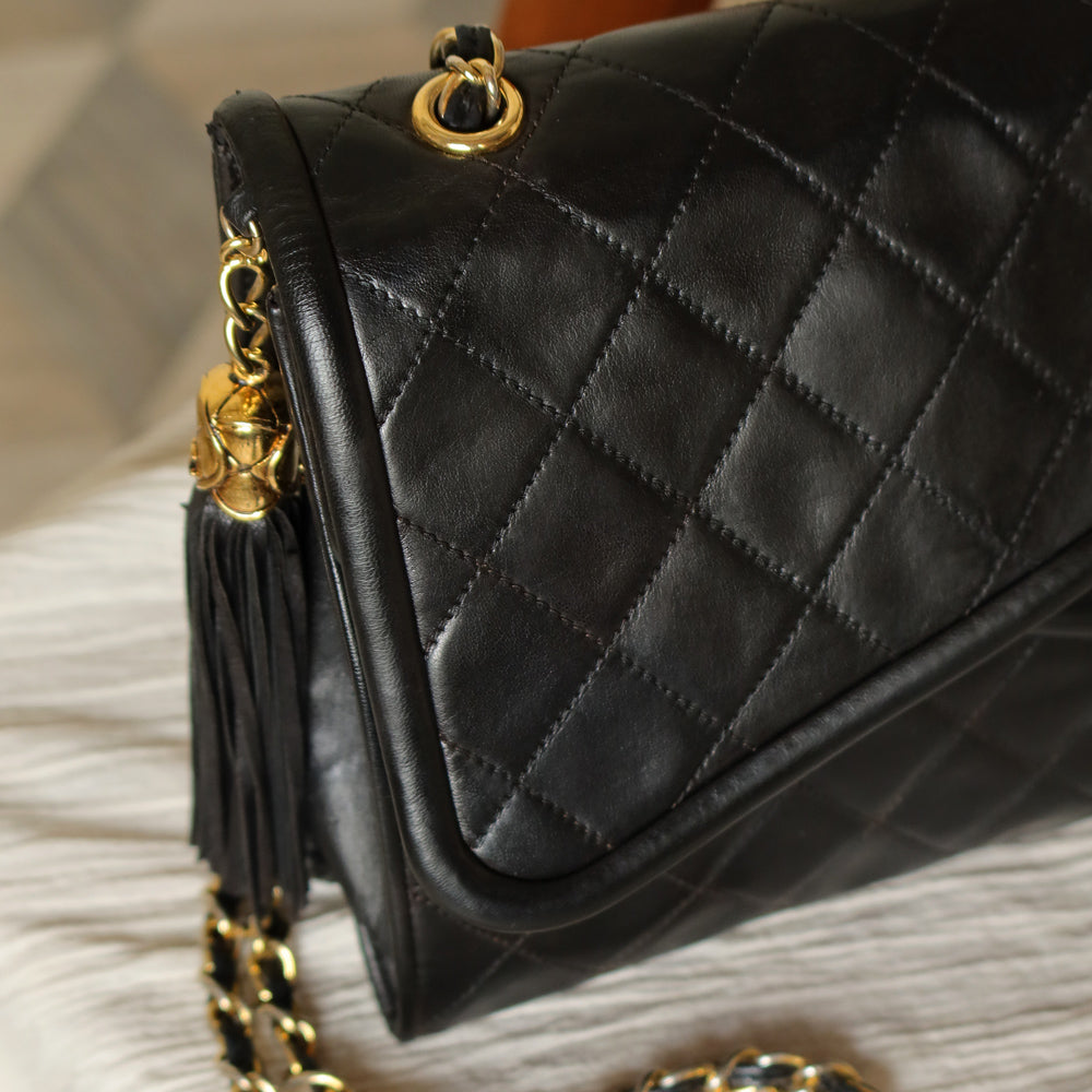 Chanel Vintage Black Lambskin Tassel Asymmetrical Double Flap Bag