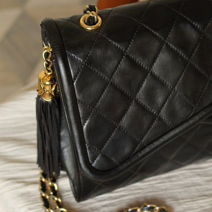 Chanel Vintage Black Lambskin Tassel Asymmetrical Double Flap Bag