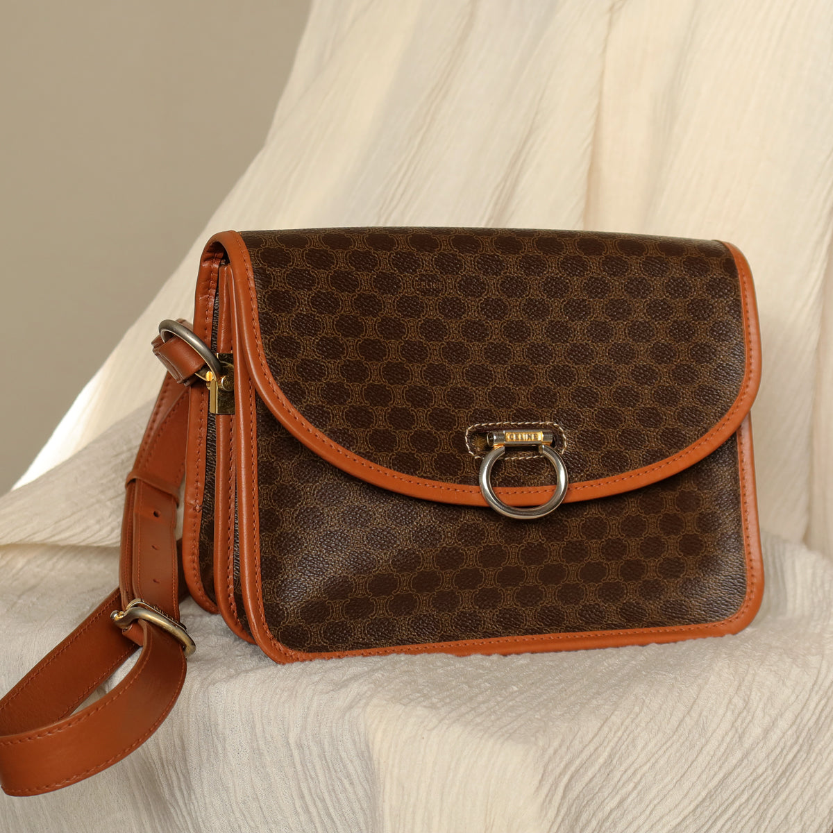 Vintage Celine Brown Macadam Triomphe Leather Crossbody Bag