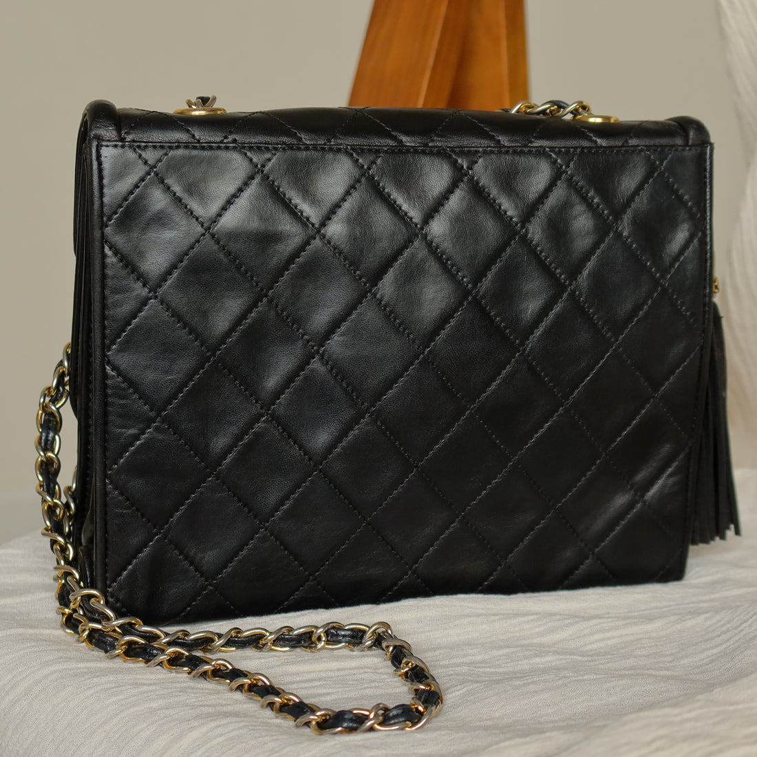 Chanel Vintage Black Lambskin Tassel Asymmetrical Double Flap Bag