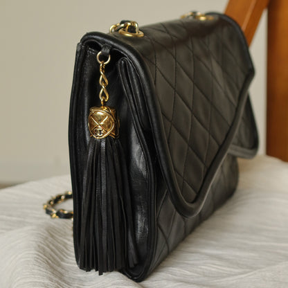 Chanel Vintage Black Lambskin Tassel Asymmetrical Double Flap Bag