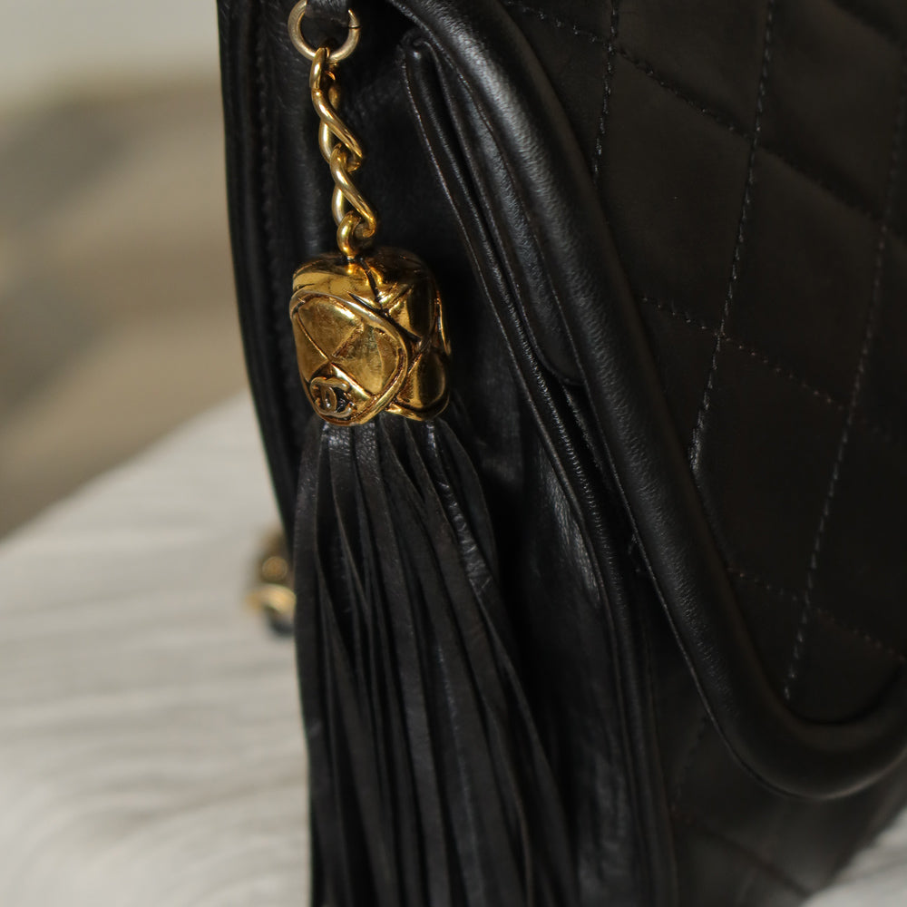 Chanel Vintage Black Lambskin Tassel Asymmetrical Double Flap Bag