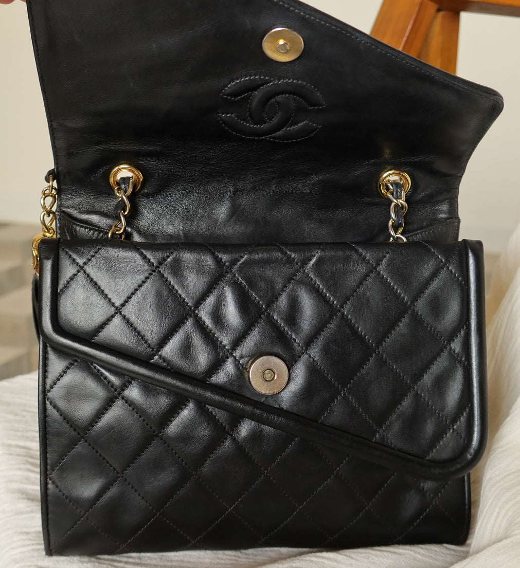 Chanel Vintage Black Lambskin Tassel Asymmetrical Double Flap Bag