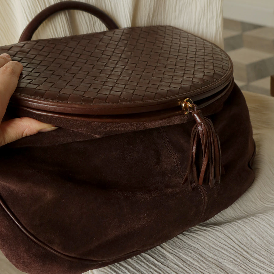 Bottega Veneta Vintage Brown Intrecciato Kiss Lock Half Moon Bag