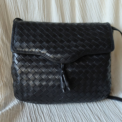 Bottega Veneta Vintage Black Intrecciato Crossbody Pouch Flap Bag