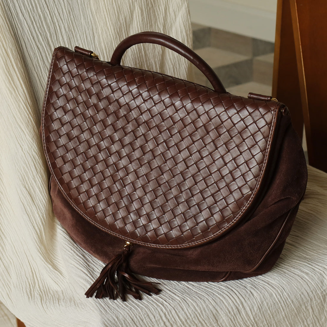 Bottega Veneta Vintage Brown Intrecciato Kiss Lock Half Moon Bag