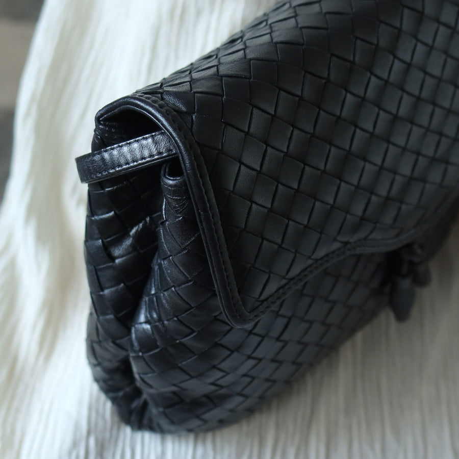 Bottega Veneta Vintage Black Intrecciato Crossbody Pouch Flap Bag