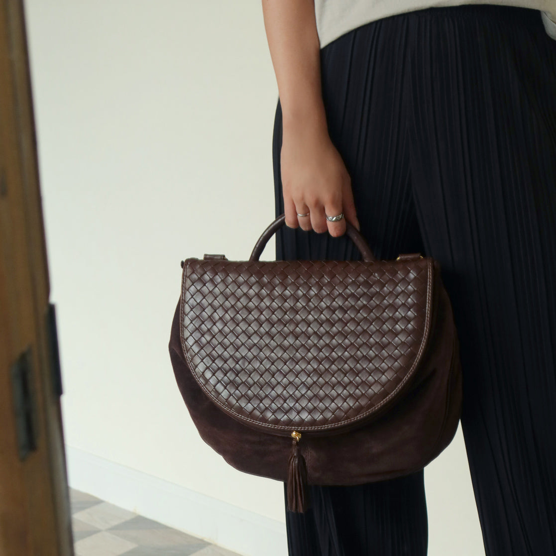 Bottega Veneta Vintage Brown Intrecciato Kiss Lock Half Moon Bag