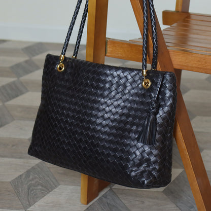 Rare Bottega Veneta Vintage Black Intrecciato Braided Strap Shoulder Bag