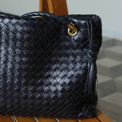 Rare Bottega Veneta Vintage Black Intrecciato Braided Strap Shoulder Bag