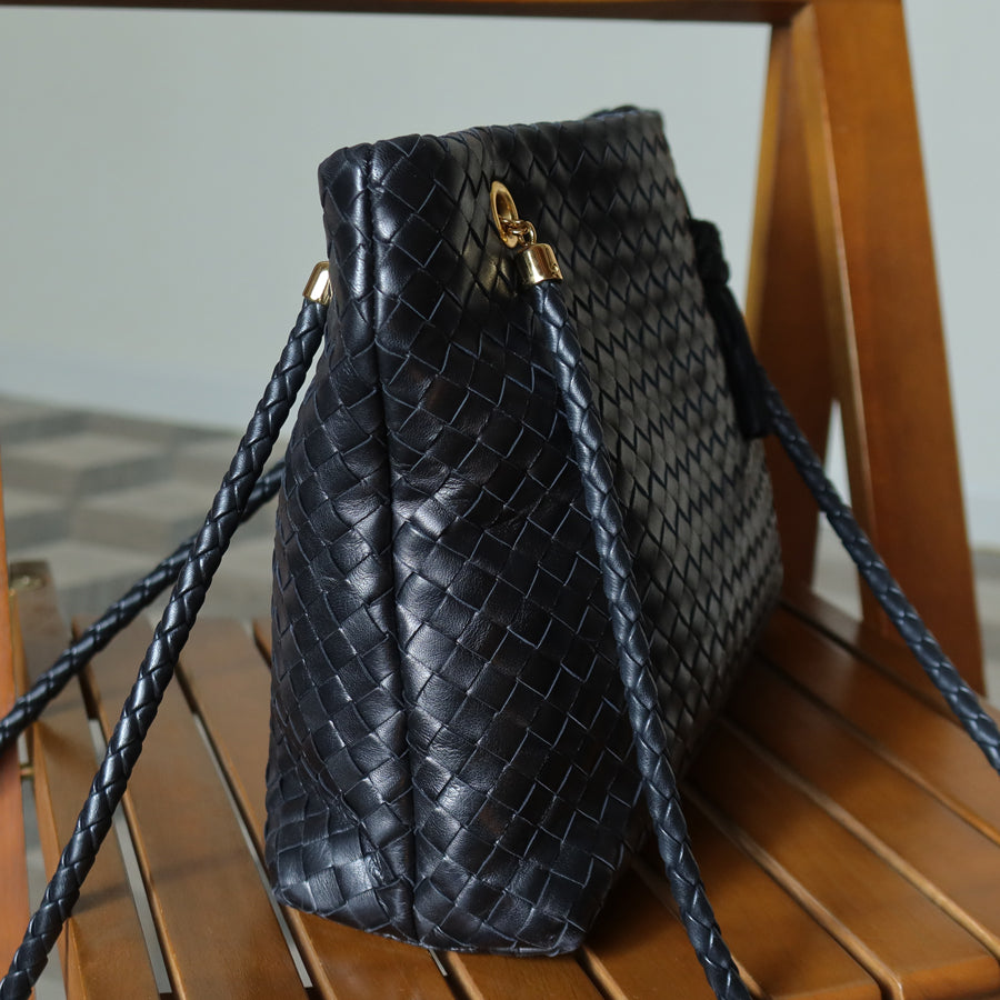 Rare Bottega Veneta Vintage Black Intrecciato Braided Strap Shoulder Bag