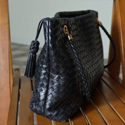 Rare Bottega Veneta Vintage Black Intrecciato Braided Strap Shoulder Bag