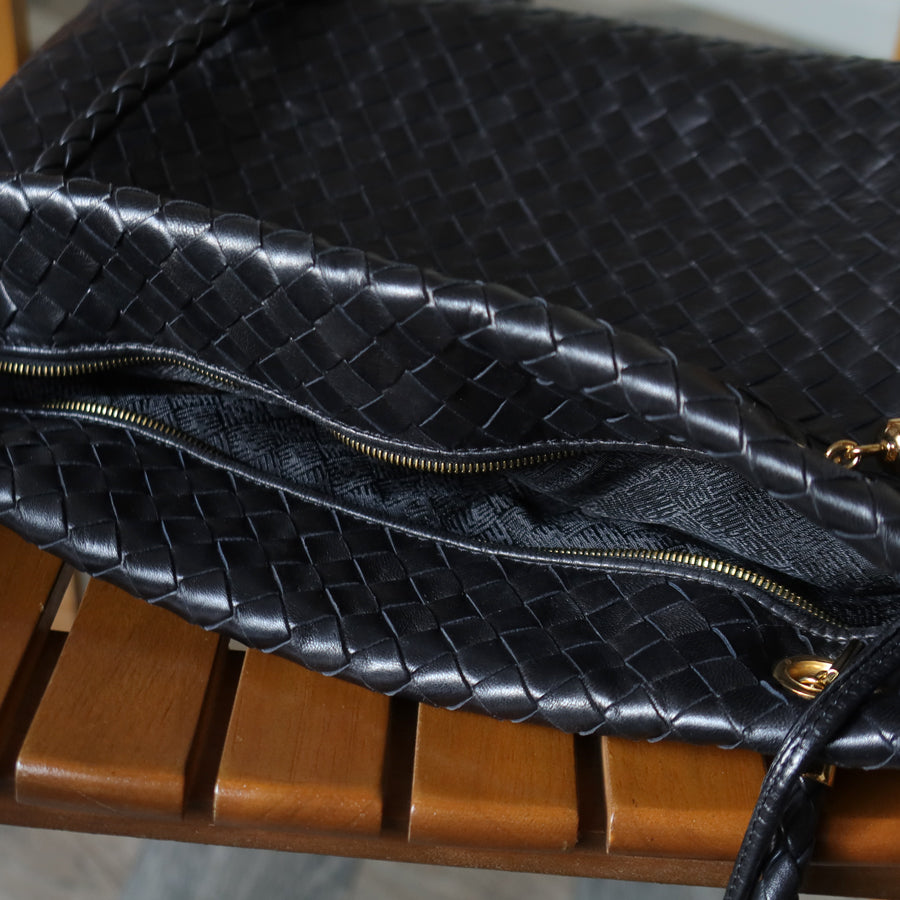 Rare Bottega Veneta Vintage Black Intrecciato Braided Strap Shoulder Bag