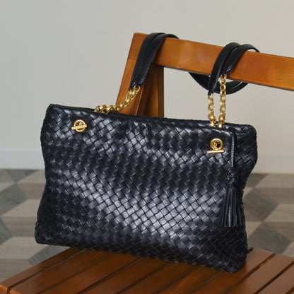 Rare Bottega Veneta Vintage Black Intrecciato Braided Strap Shoulder Bag