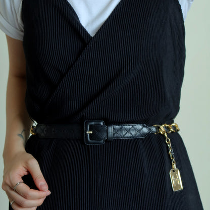 Chanel Vintage Black Quilted Leather Chain Belt with Charm