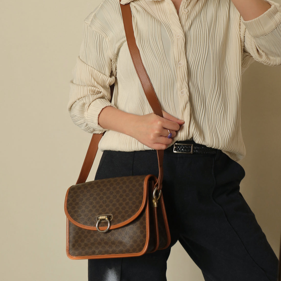 Vintage Celine Brown Macadam Triomphe Leather Crossbody Bag