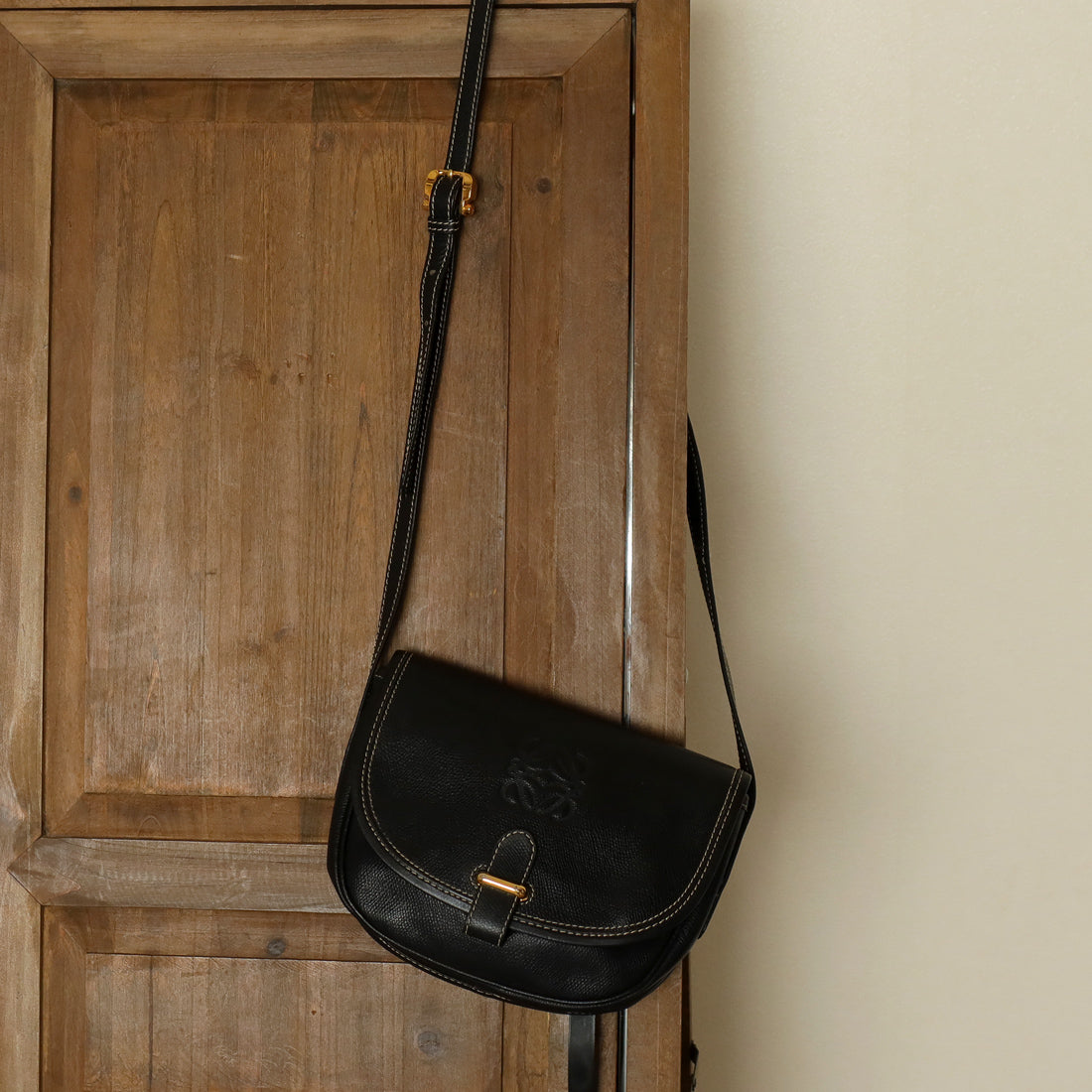 Loewe Vintage Black Leather Anagram Crossbody Flap Bag