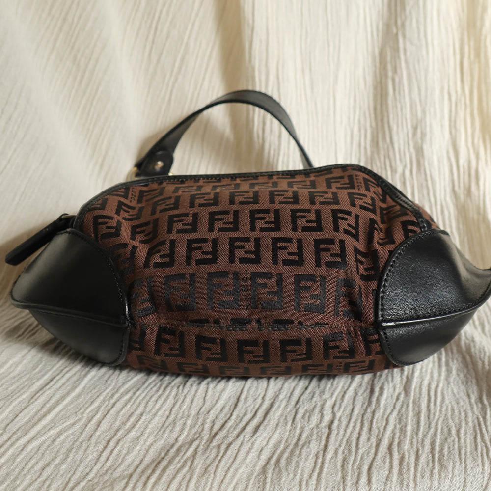 Fendi Vintage Black Brown Zucchino Canvas Leather Pocket Shoulder Bag