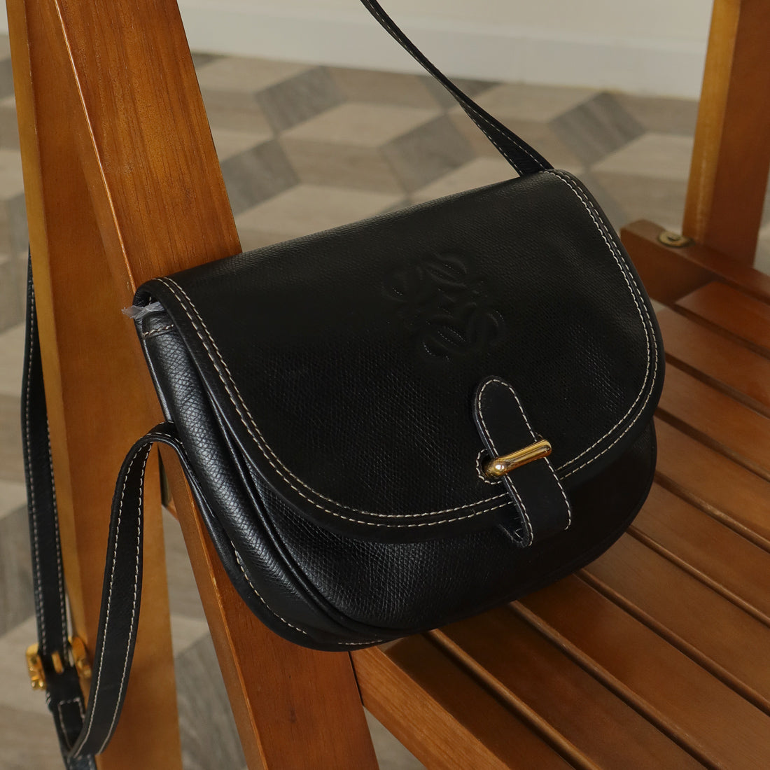 Loewe Vintage Black Leather Anagram Crossbody Flap Bag