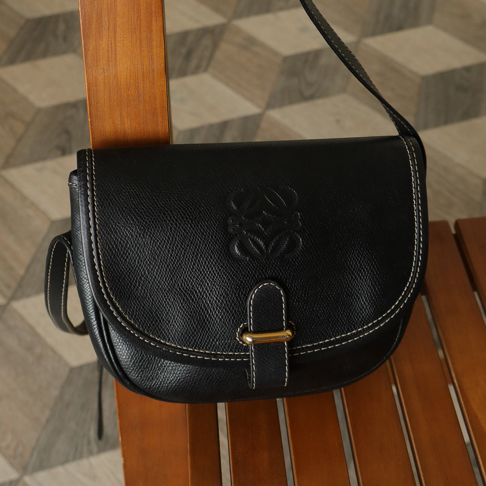 Loewe Vintage Black Leather Anagram Crossbody Flap Bag