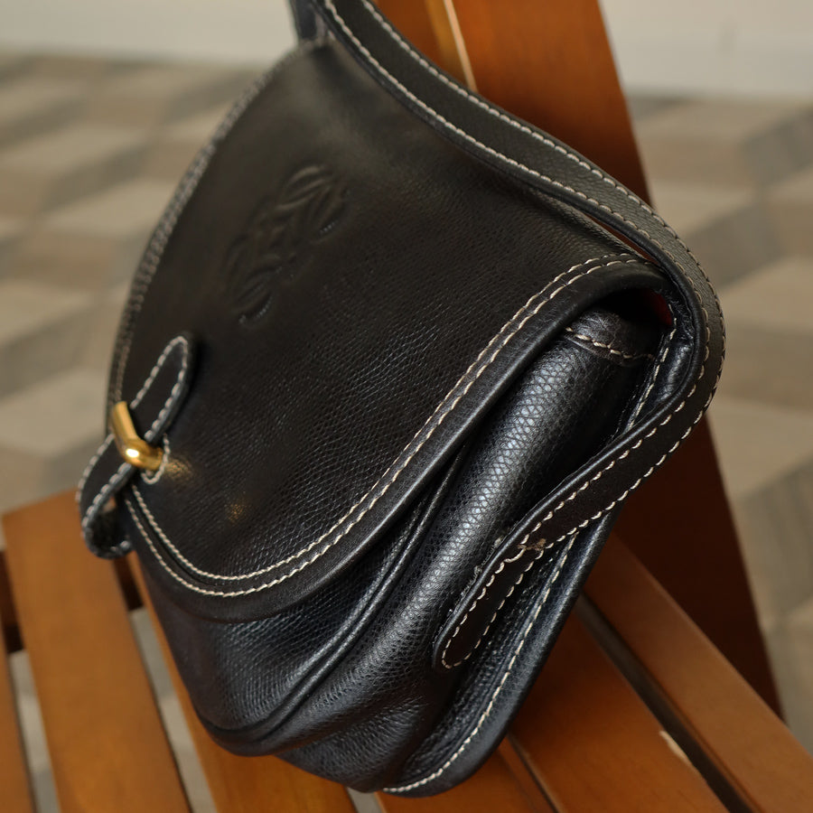 Loewe Vintage Black Leather Anagram Crossbody Flap Bag