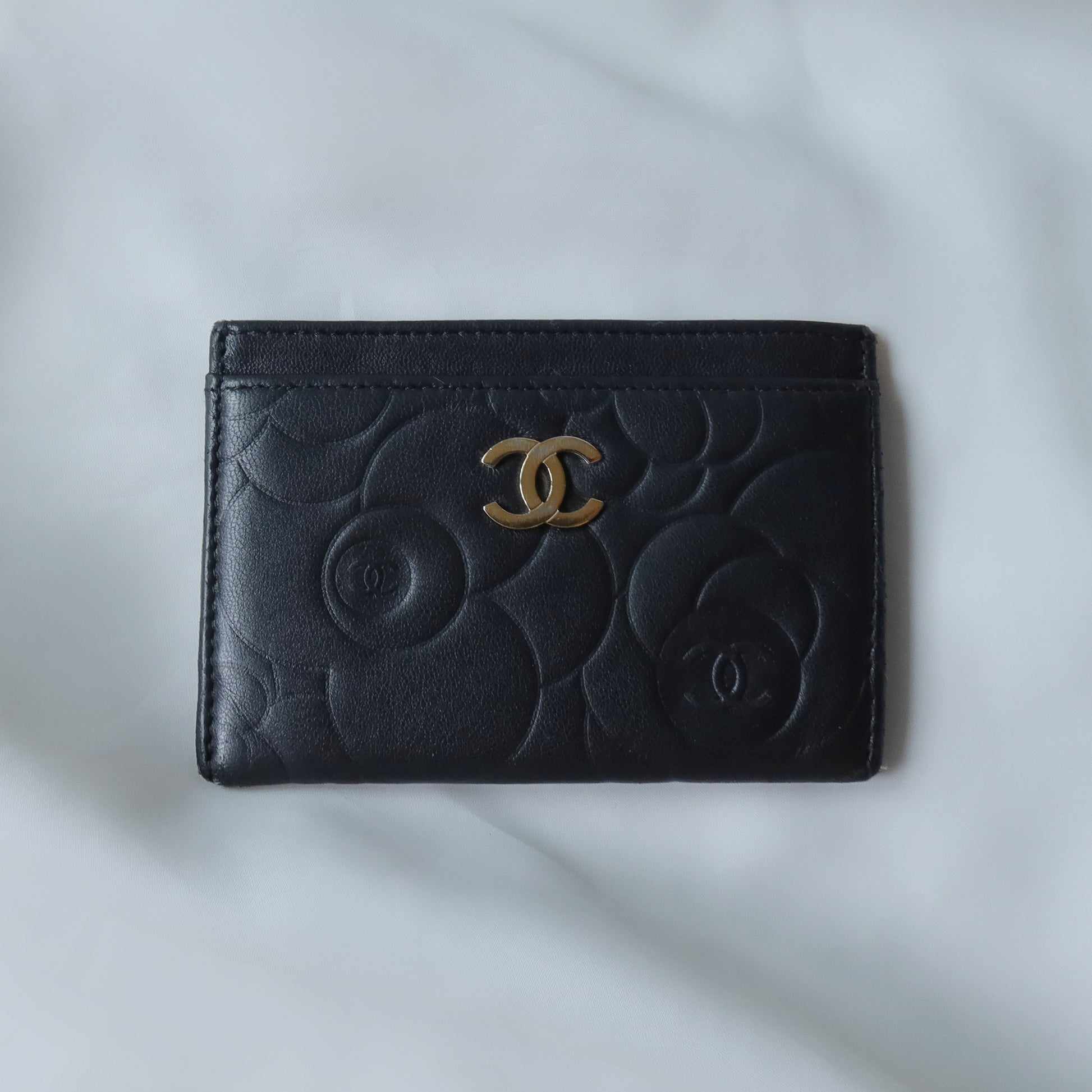 Chanel Vintage Camellia Black Lambskin Leather Card Holder Case