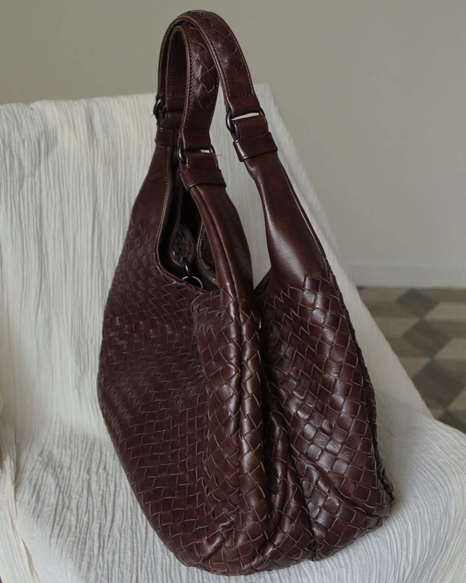 Bottega Veneta Vintage Dark Brown Medium Intrecciato Hobo Shoulder Bag