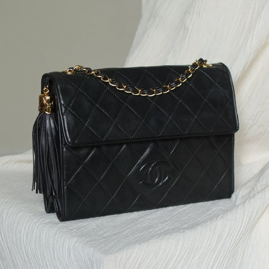 Chanel Vintage Black Lambskin Tassel Quilted CC mark Flap Bag