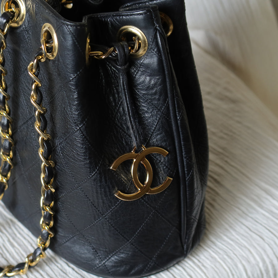 Vintage Chanel Diamond Quilted Matelasse Coco Charm Bucket Bag