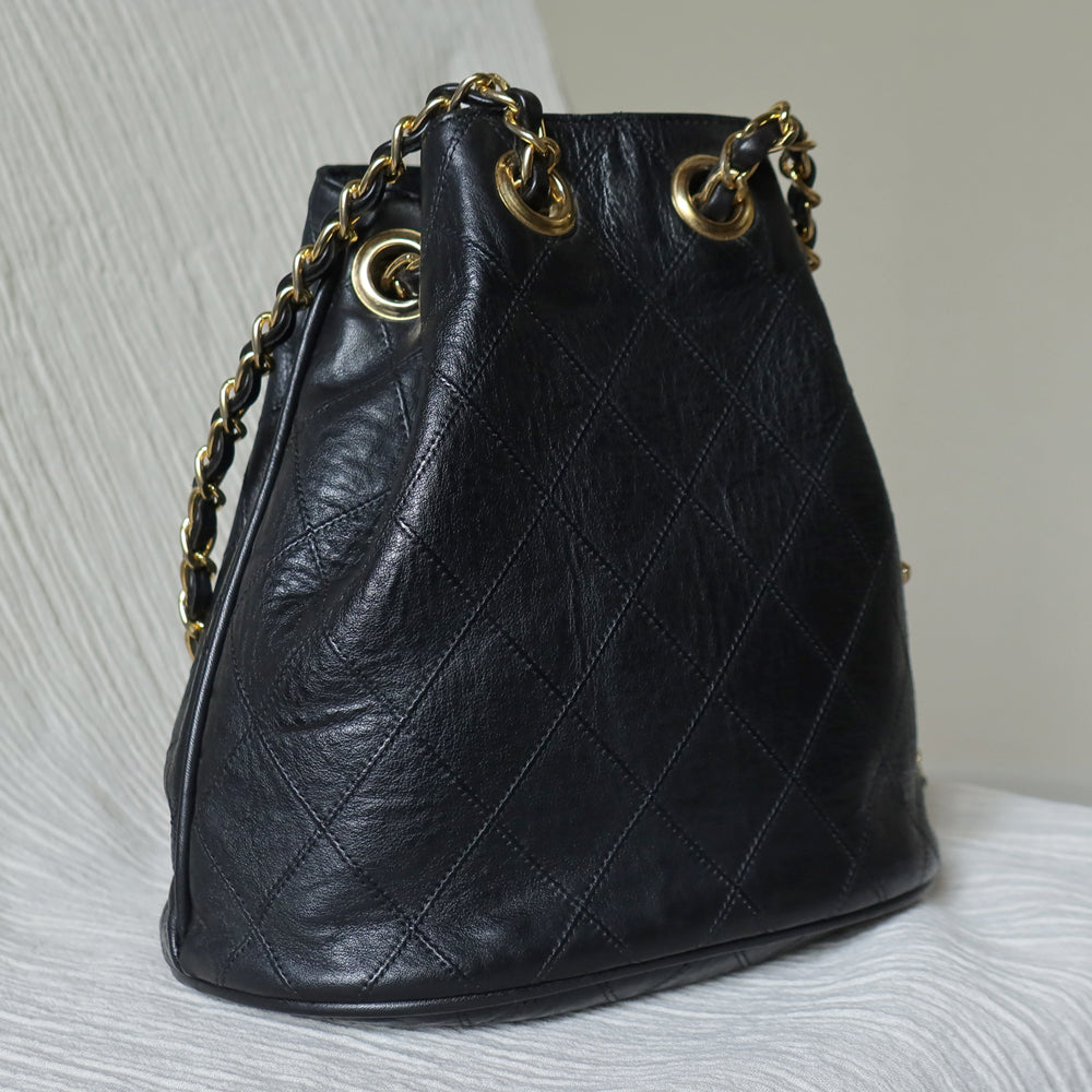 Vintage Chanel Diamond Quilted Matelasse Coco Charm Bucket Bag