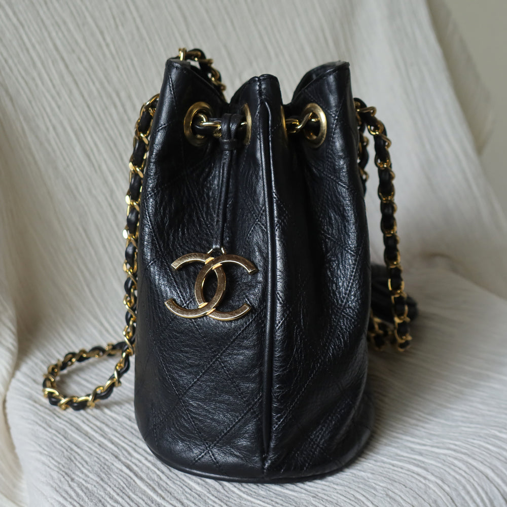 Vintage Chanel Diamond Quilted Matelasse Coco Charm Bucket Bag