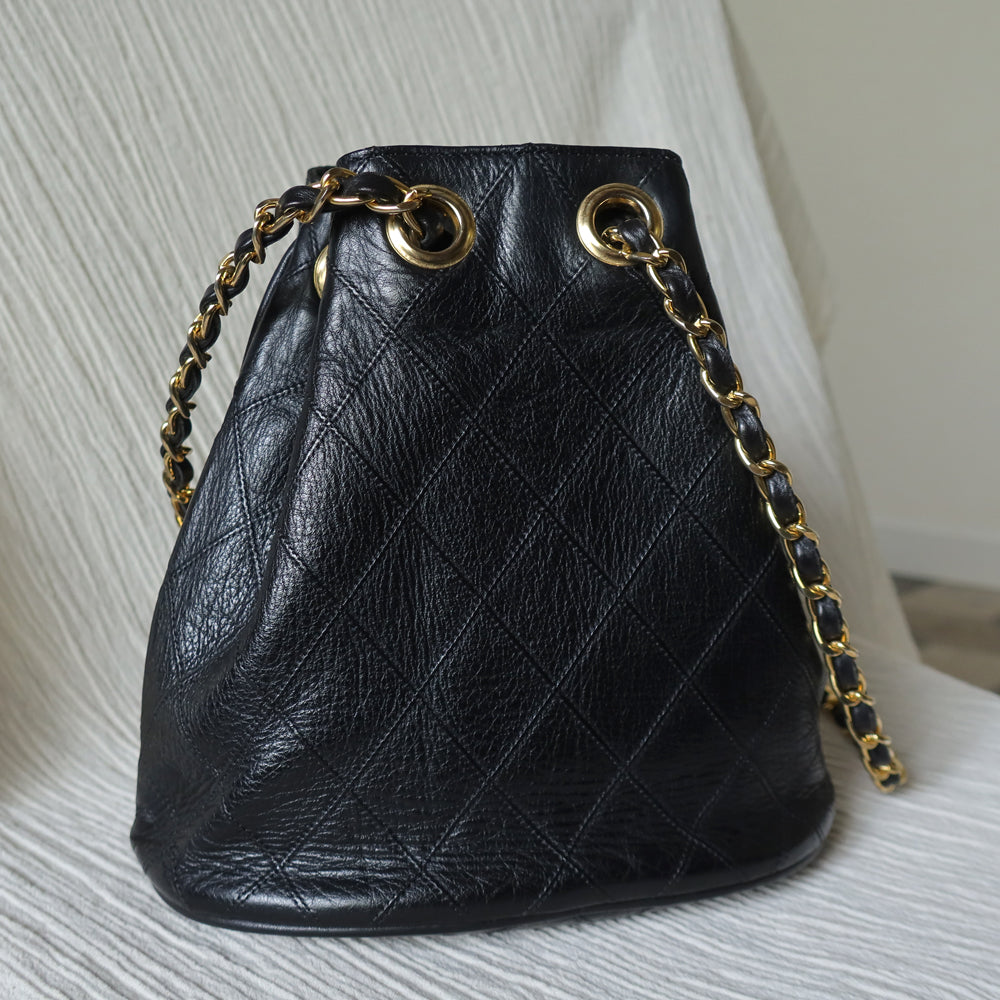 Vintage Chanel Diamond Quilted Matelasse Coco Charm Bucket Bag