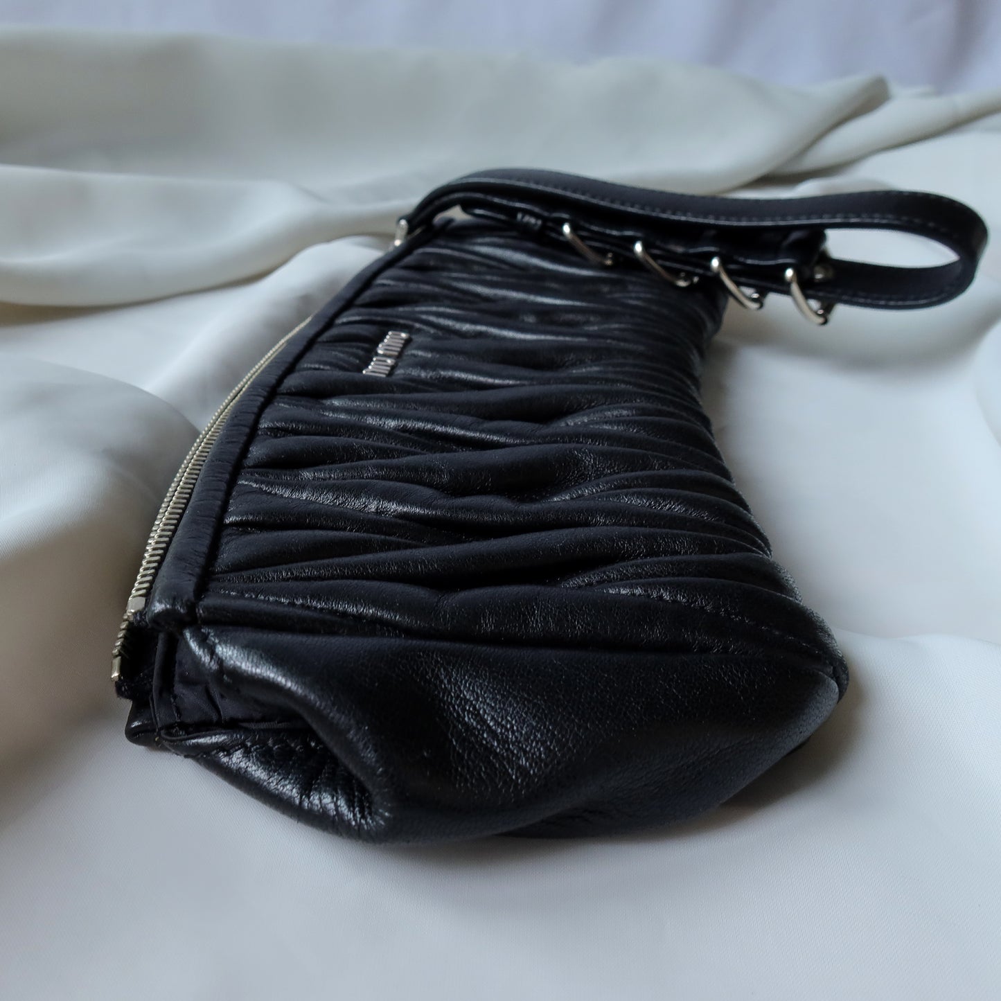 Miu Miu Belt Strap Leather Ruched Zip Clutch Pouch