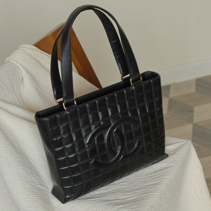 Chanel Vintage Black Quilted Chocolate Bar CC Mark Shoulder Tote Bag