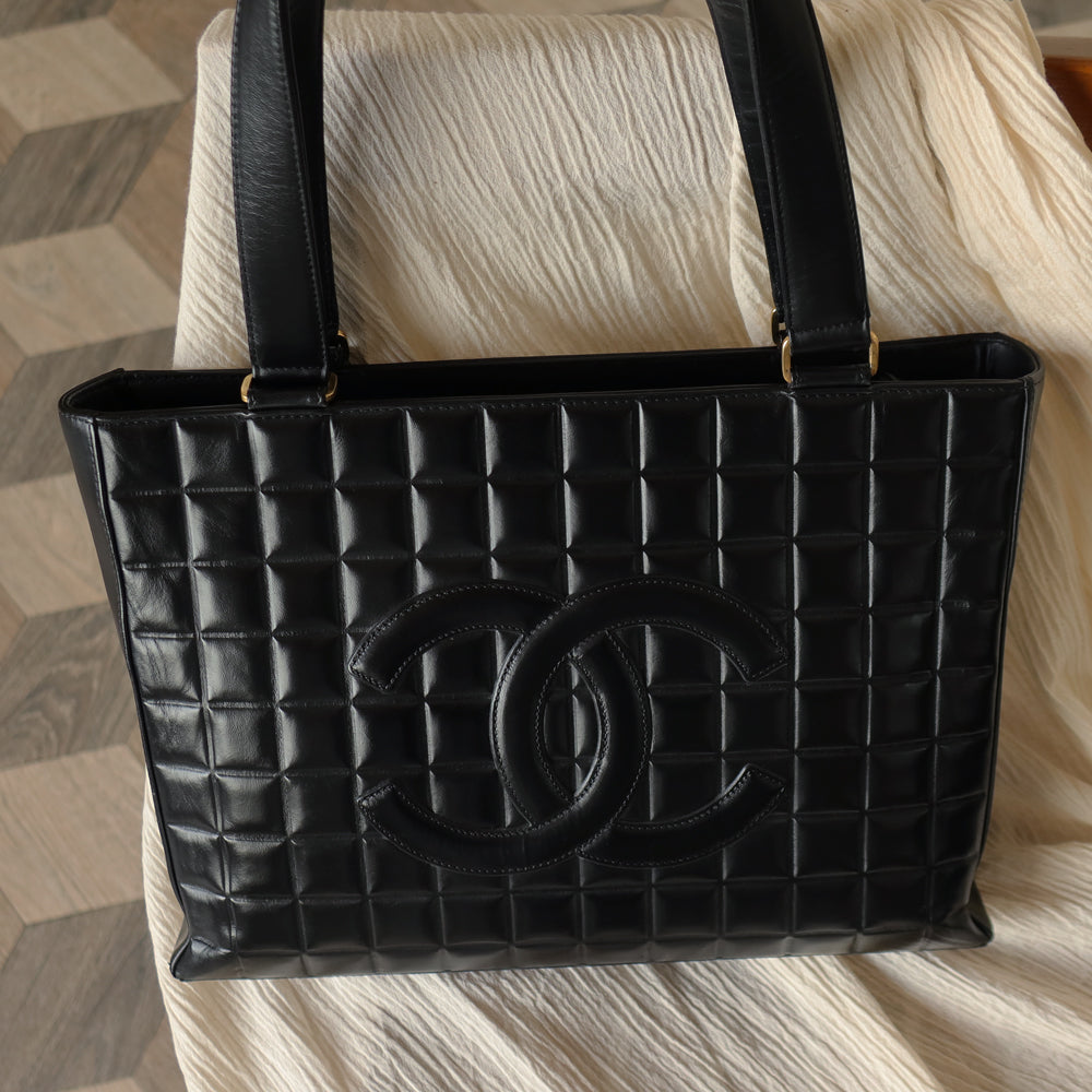 Chanel Vintage Black Quilted Chocolate Bar CC Mark Shoulder Tote Bag