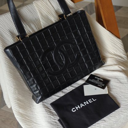 Chanel Vintage Black Quilted Chocolate Bar CC Mark Shoulder Tote Bag